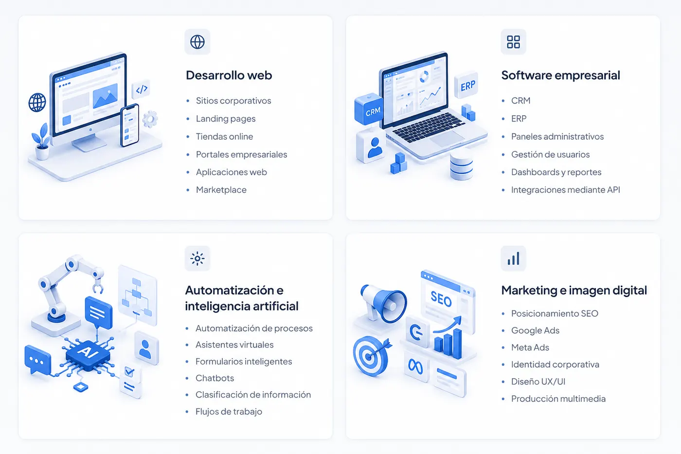 Portafolio de servicios: desarrollo web, software empresarial, automatización e inteligencia artificial, y marketing e imagen digital
